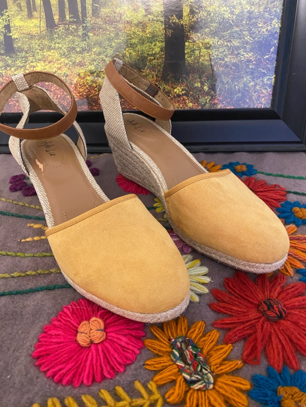 Style & Co. Yellow Espadrille Wedge Sandals with Tan Ankle Strap
